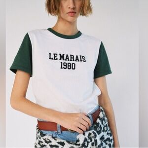 Zara small green and white crop top “LE MARAIS 1980”